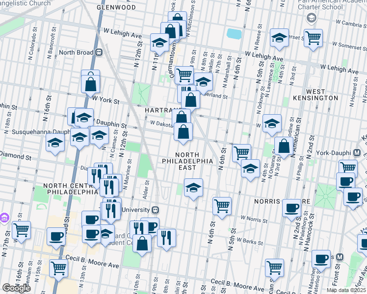map of restaurants, bars, coffee shops, grocery stores, and more near in Philadelphia