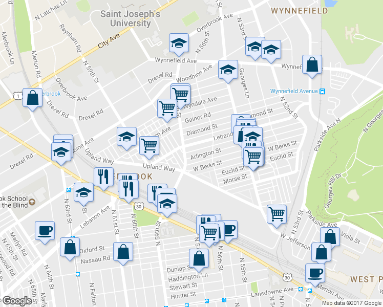 map of restaurants, bars, coffee shops, grocery stores, and more near 5655 Arlington Street in Philadelphia