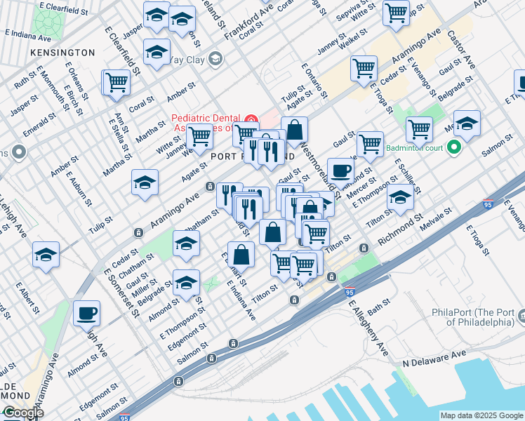 map of restaurants, bars, coffee shops, grocery stores, and more near 3153 Miller Street in Philadelphia