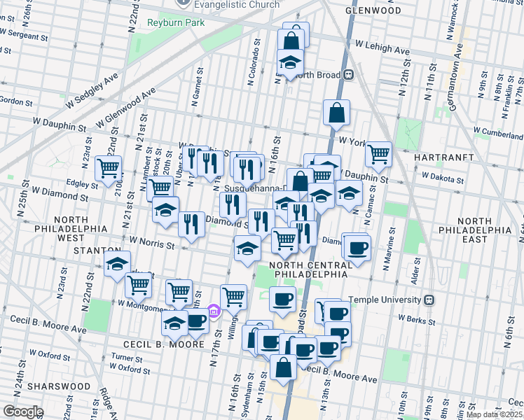 map of restaurants, bars, coffee shops, grocery stores, and more near 2116 North 16th Street in Philadelphia