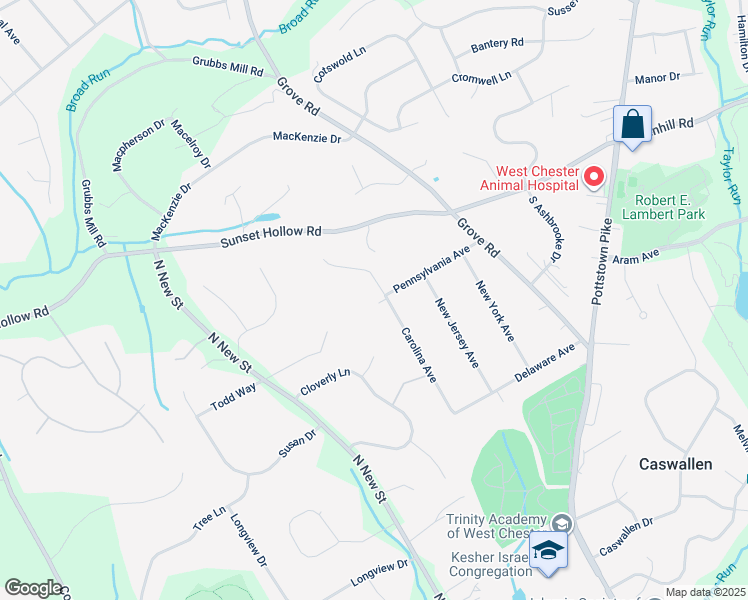map of restaurants, bars, coffee shops, grocery stores, and more near 1132 Carolina Avenue in West Chester