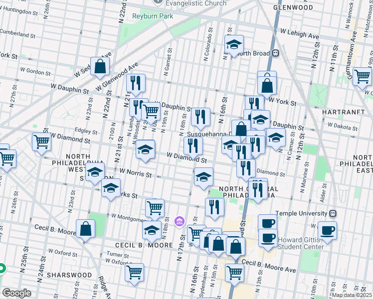 map of restaurants, bars, coffee shops, grocery stores, and more near 1730 Edgley Street in Philadelphia