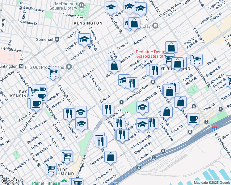 map of restaurants, bars, coffee shops, grocery stores, and more near 2301 East Cambria Street in Philadelphia