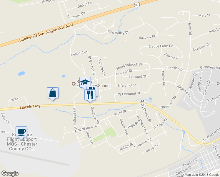 map of restaurants, bars, coffee shops, grocery stores, and more near 8 Michinok Drive in Coatesville