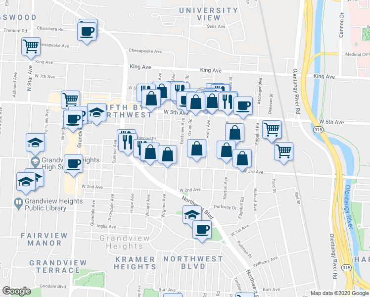 map of restaurants, bars, coffee shops, grocery stores, and more near 1332 Eastview Avenue in Columbus