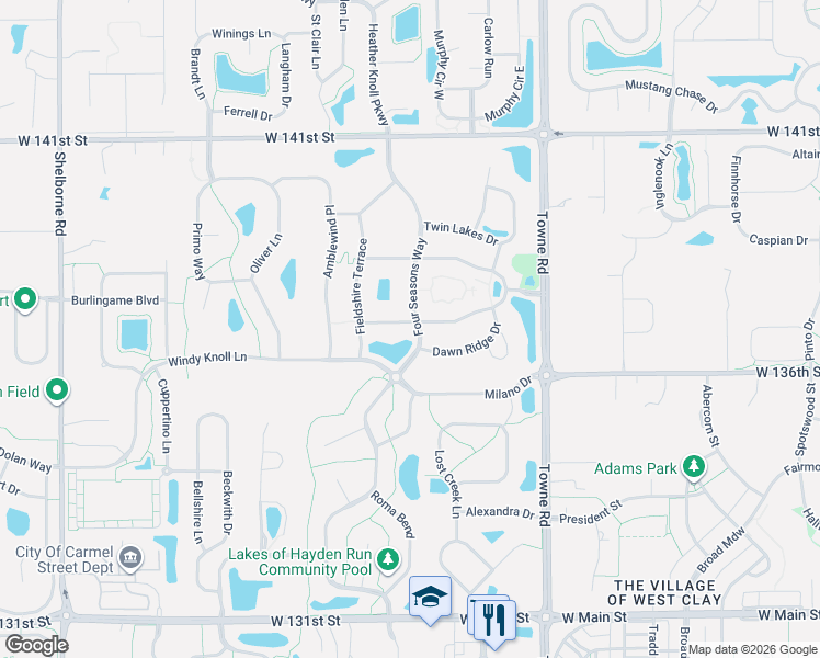 map of restaurants, bars, coffee shops, grocery stores, and more near 2681 Heathermoor Park Drive South in Carmel