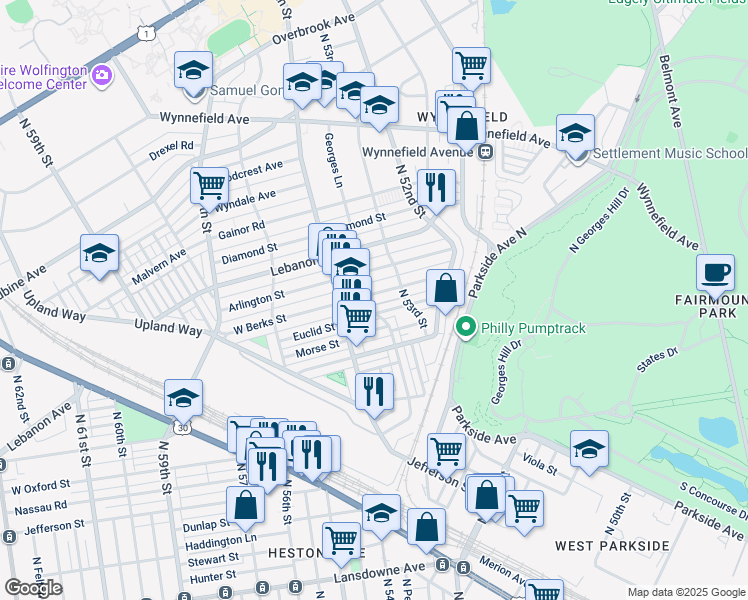 map of restaurants, bars, coffee shops, grocery stores, and more near 5340 West Berks Street in Philadelphia