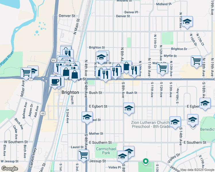 map of restaurants, bars, coffee shops, grocery stores, and more near 575 Bush Street in Brighton