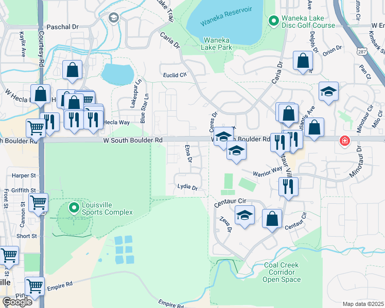 map of restaurants, bars, coffee shops, grocery stores, and more near 1402 Etna Drive in Lafayette