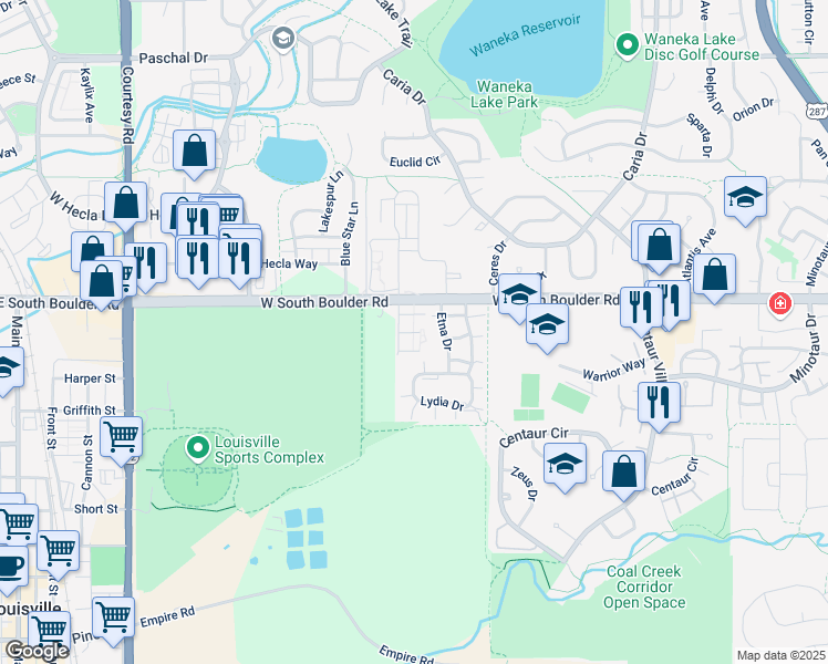 map of restaurants, bars, coffee shops, grocery stores, and more near 1390 Cimarron Drive in Lafayette