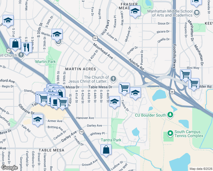 map of restaurants, bars, coffee shops, grocery stores, and more near 520 South 46th Street in Boulder