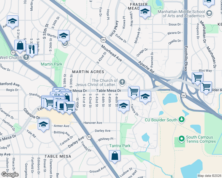 map of restaurants, bars, coffee shops, grocery stores, and more near in Boulder