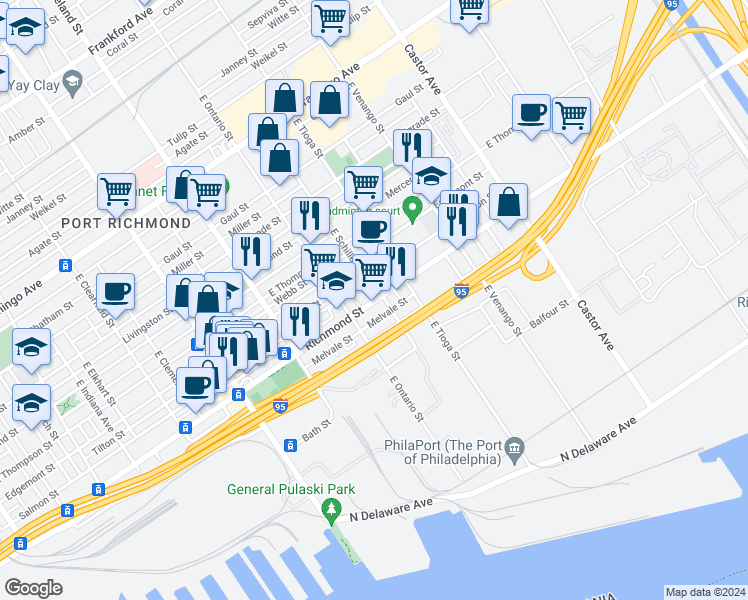 map of restaurants, bars, coffee shops, grocery stores, and more near 3415 Richmond Street in Philadelphia