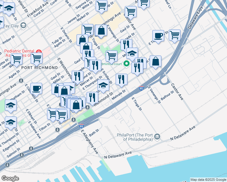 map of restaurants, bars, coffee shops, grocery stores, and more near 3415 Richmond Street in Philadelphia