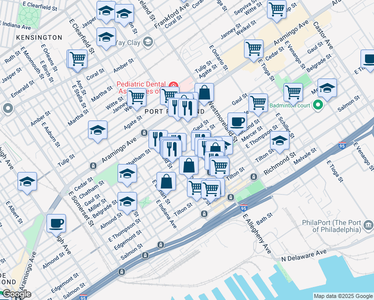 map of restaurants, bars, coffee shops, grocery stores, and more near 3168 Belgrade Street in Philadelphia