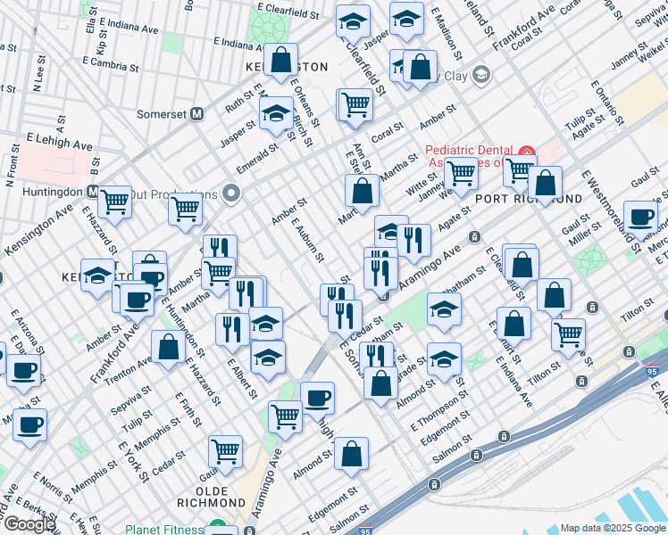 map of restaurants, bars, coffee shops, grocery stores, and more near 2842 Tulip Street in Philadelphia