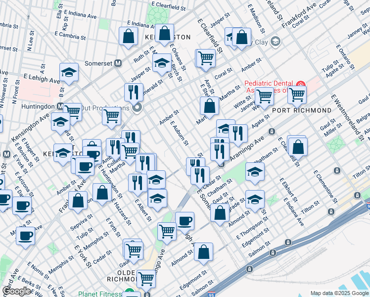 map of restaurants, bars, coffee shops, grocery stores, and more near 2243 East Rush Street in Philadelphia