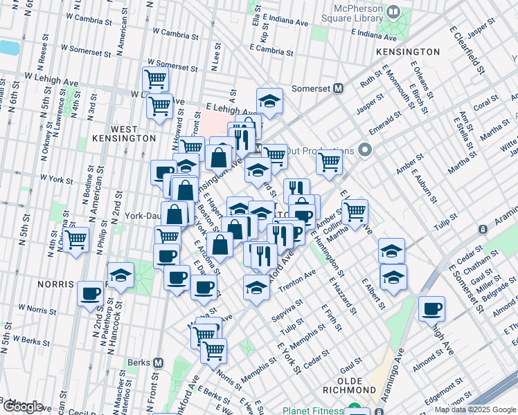 map of restaurants, bars, coffee shops, grocery stores, and more near 2007 East Cumberland Street in Philadelphia