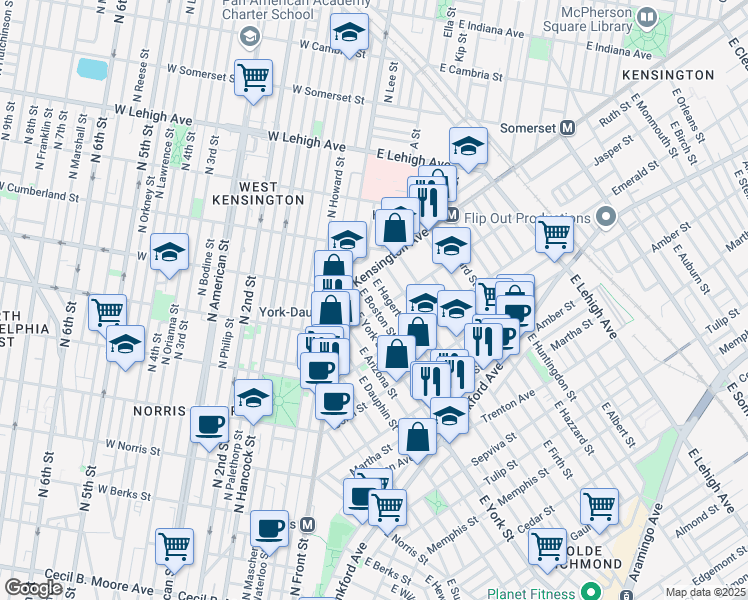 map of restaurants, bars, coffee shops, grocery stores, and more near 2421 Jasper Street in Philadelphia