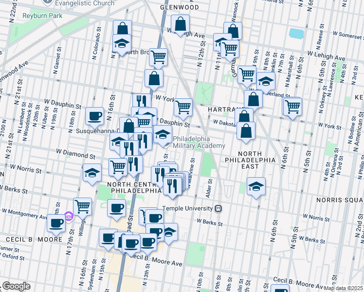 map of restaurants, bars, coffee shops, grocery stores, and more near in Philadelphia