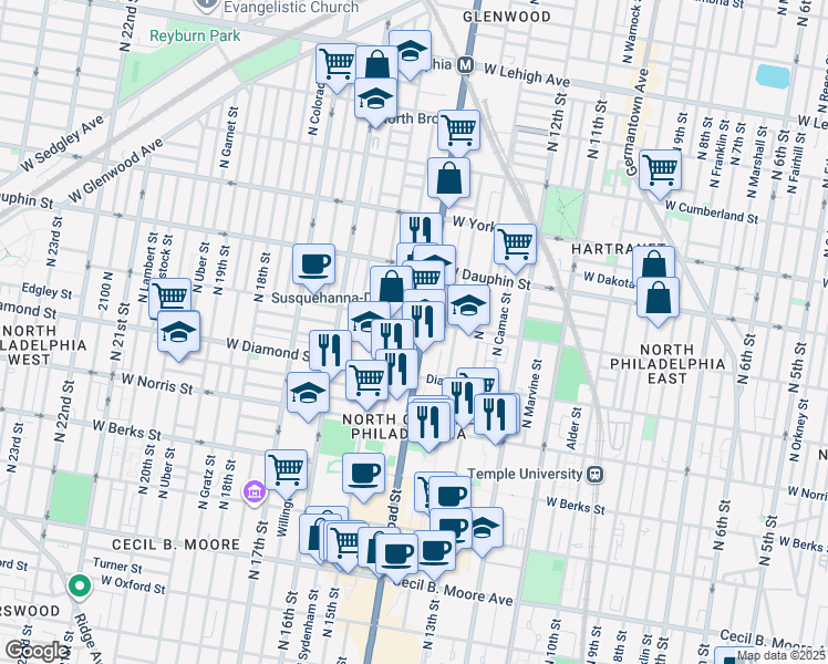 map of restaurants, bars, coffee shops, grocery stores, and more near 2127 North Broad Street in Philadelphia