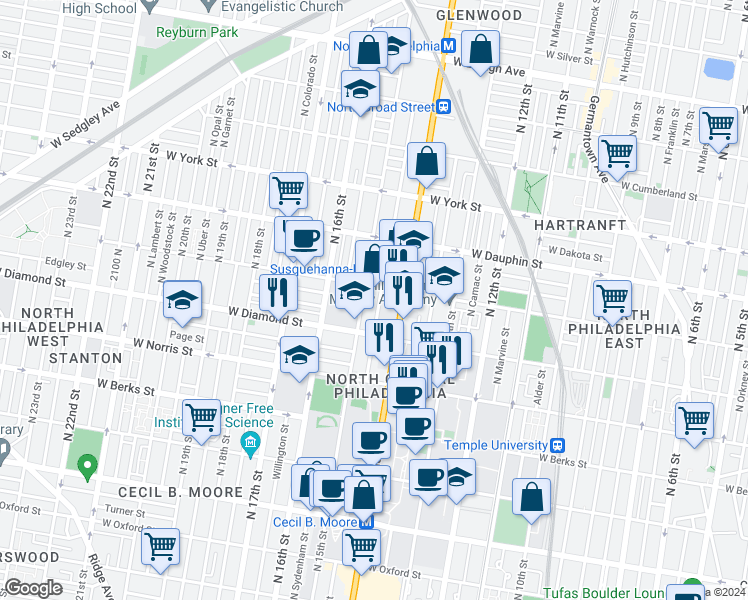 map of restaurants, bars, coffee shops, grocery stores, and more near 2126 North Carlisle Street in Philadelphia