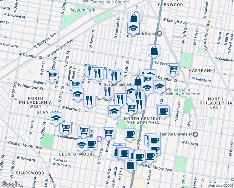map of restaurants, bars, coffee shops, grocery stores, and more near in Philadelphia
