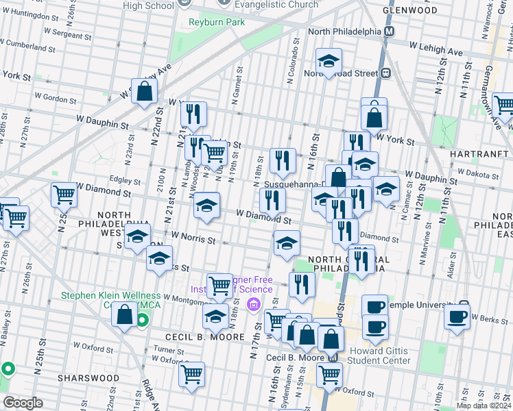 map of restaurants, bars, coffee shops, grocery stores, and more near 1717 Fr. P. Washington Avenue in Philadelphia