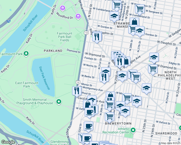 map of restaurants, bars, coffee shops, grocery stores, and more near 1901 North 32nd Street in Philadelphia