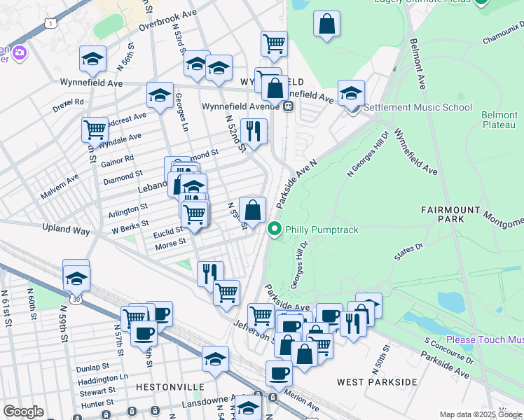 map of restaurants, bars, coffee shops, grocery stores, and more near Parkside Avenue North in Philadelphia