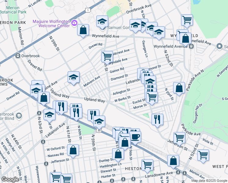map of restaurants, bars, coffee shops, grocery stores, and more near 5655 Arlington Street in Philadelphia