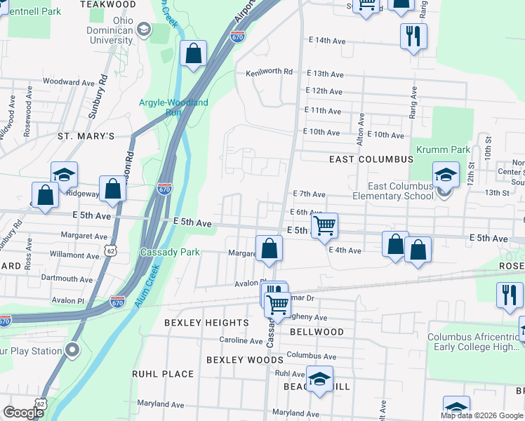 map of restaurants, bars, coffee shops, grocery stores, and more near 2692 East 5th Avenue in Columbus