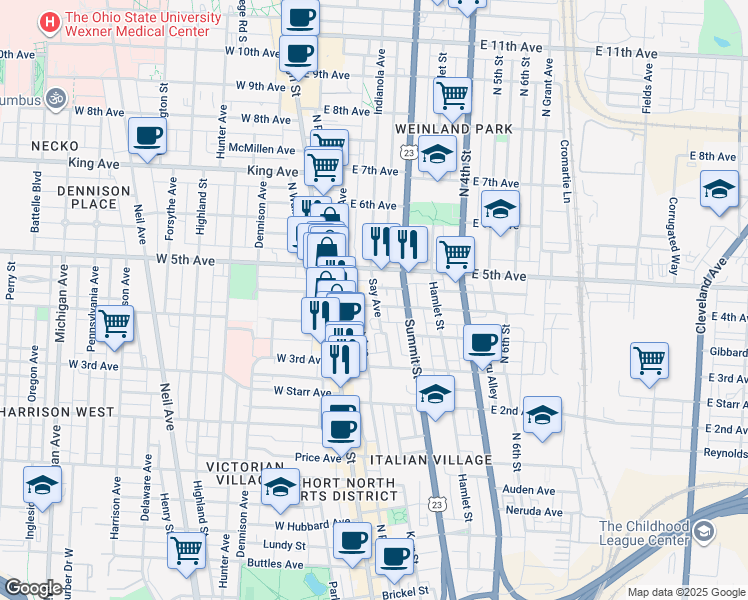 map of restaurants, bars, coffee shops, grocery stores, and more near 1130 Mount Pleasant Avenue in Columbus