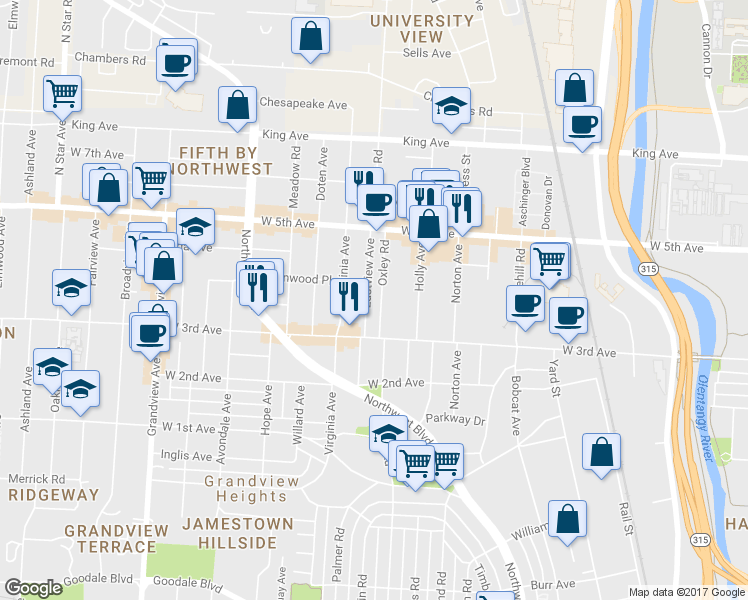 map of restaurants, bars, coffee shops, grocery stores, and more near 1306 Eastview Avenue in Columbus