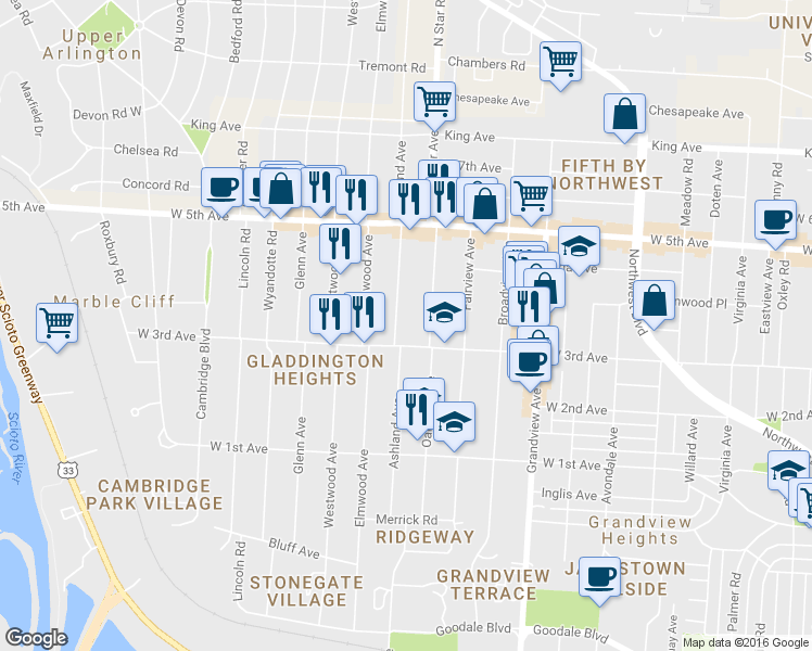 map of restaurants, bars, coffee shops, grocery stores, and more near 1676 West 3rd Avenue in Columbus