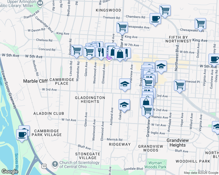 map of restaurants, bars, coffee shops, grocery stores, and more near 1676 West 3rd Avenue in Columbus