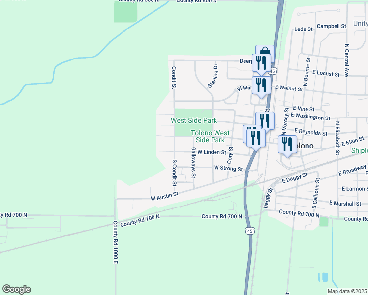 map of restaurants, bars, coffee shops, grocery stores, and more near 503 West Linden Street in Tolono