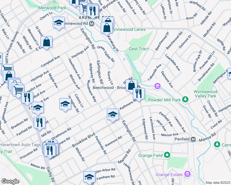 map of restaurants, bars, coffee shops, grocery stores, and more near 513 Mill Road in Havertown