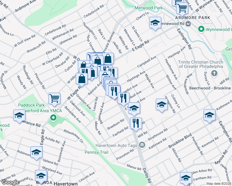 map of restaurants, bars, coffee shops, grocery stores, and more near 1333 East Darby Road in Havertown