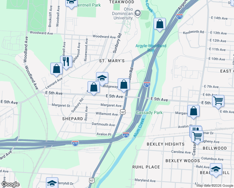map of restaurants, bars, coffee shops, grocery stores, and more near 2323 East 5th Avenue in Columbus