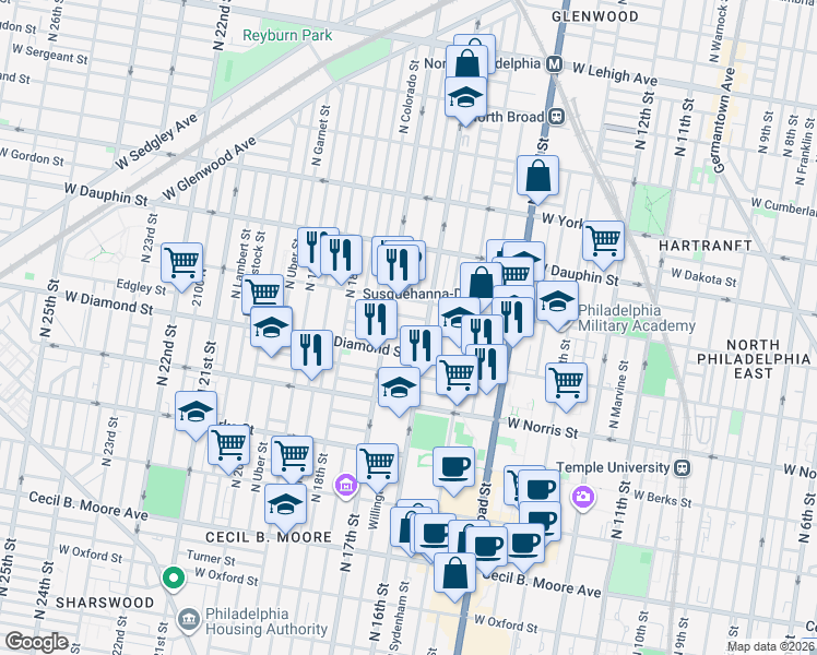 map of restaurants, bars, coffee shops, grocery stores, and more near in Philadelphia