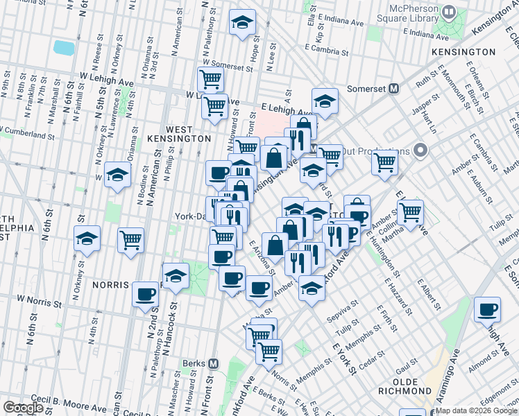 map of restaurants, bars, coffee shops, grocery stores, and more near 1825 East Boston Street in Philadelphia