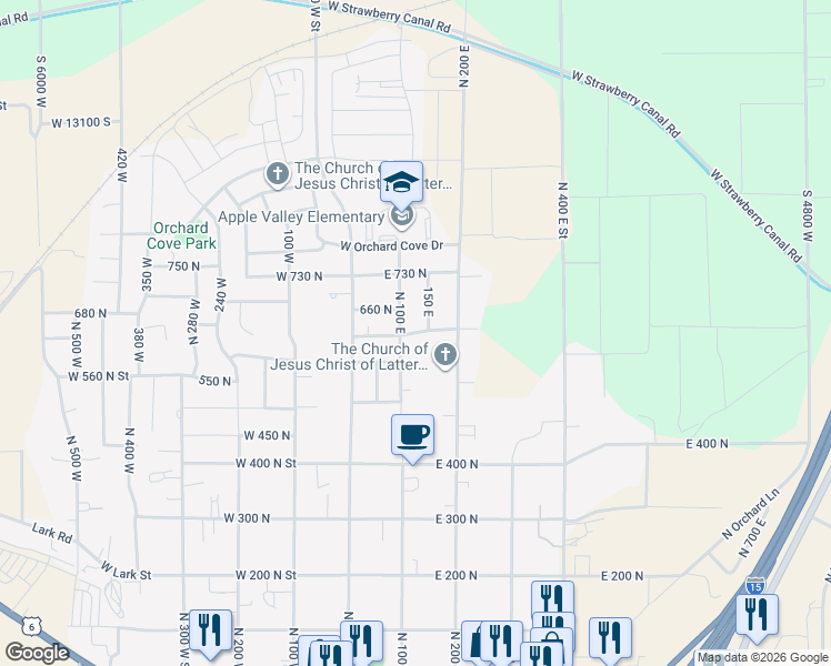 map of restaurants, bars, coffee shops, grocery stores, and more near 149 610 North in Santaquin