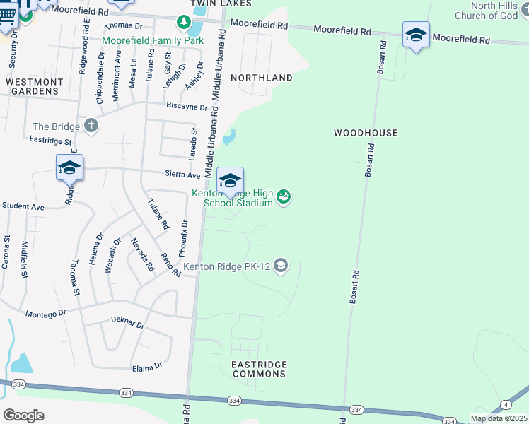 map of restaurants, bars, coffee shops, grocery stores, and more near 4444 Middle Urbana Road in Springfield