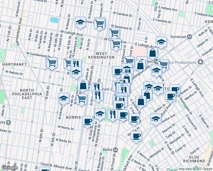 map of restaurants, bars, coffee shops, grocery stores, and more near 2333 North Hancock Street in Philadelphia