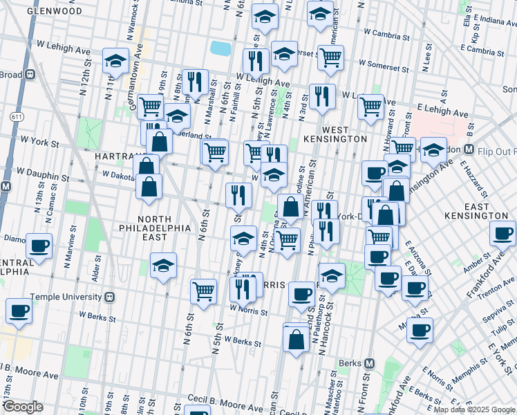 map of restaurants, bars, coffee shops, grocery stores, and more near 419 West Dauphin Street in Philadelphia