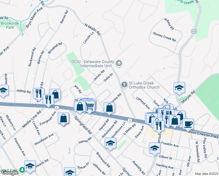 map of restaurants, bars, coffee shops, grocery stores, and more near 40 Hillside Road in Broomall