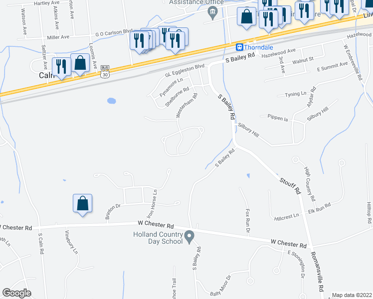 map of restaurants, bars, coffee shops, grocery stores, and more near 2964 Honeymead Road in Downingtown