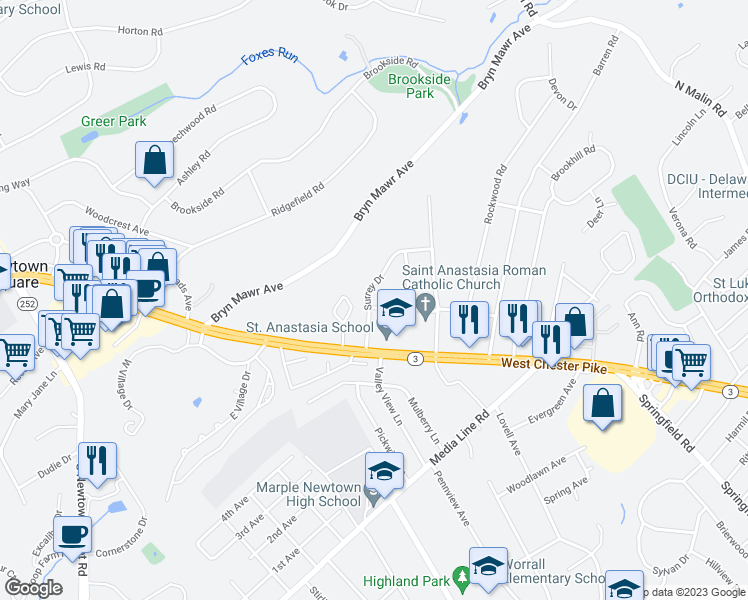 map of restaurants, bars, coffee shops, grocery stores, and more near 3319 Rodney Drive in Newtown Square