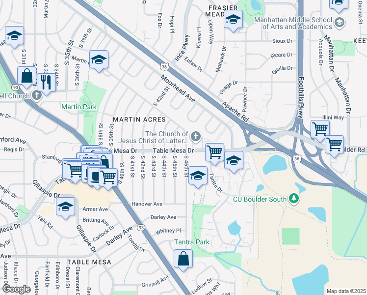 map of restaurants, bars, coffee shops, grocery stores, and more near 520 South 46th Street in Boulder
